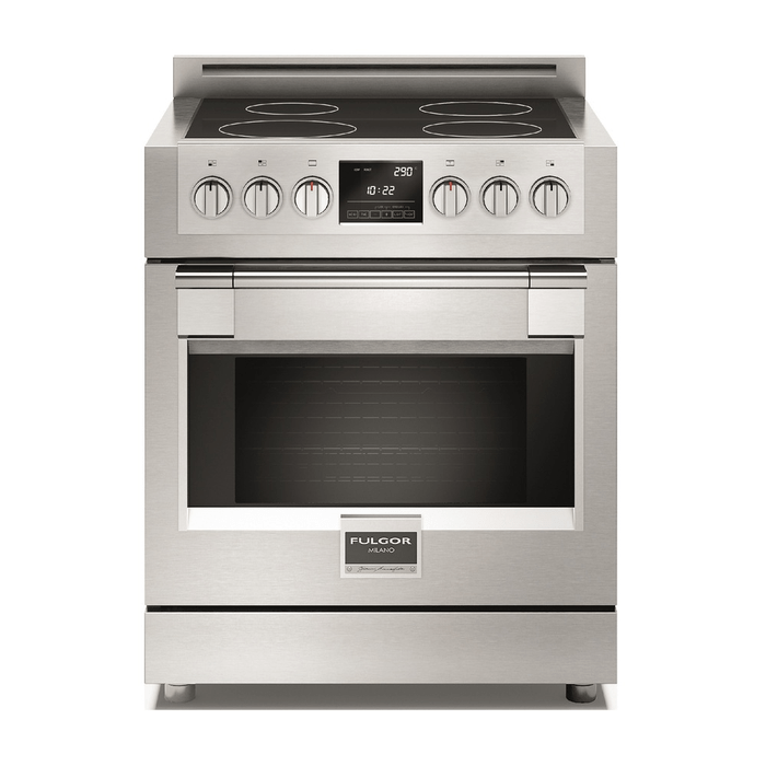 30 Inch Range  Freestanding Induction Range with 4 Cooking Zones, 4.1 cu. ft. Capacity, True European Convection Self-Cleaning oven. 4 Single Induction cooking zones. Premium induction technology for unsurpassed performance. Booster function for each cooking zone. Residual heat and Power-on Indicators. Melting and Simmering function
Digital Minute Minder. Pot Detection System. Child Lock Function. Failure Codes Indication
Automatic Heat-up Time. Self-cleaning oven with Multifunction baking. Black Porcelain enamel interior. Cool to touch, soft closing door. Extra-large baking cavity and viewing area. 3 Halogen lights for flawless visibility. Total capacity 123 lt Total capacity 4.4 cu. ft.