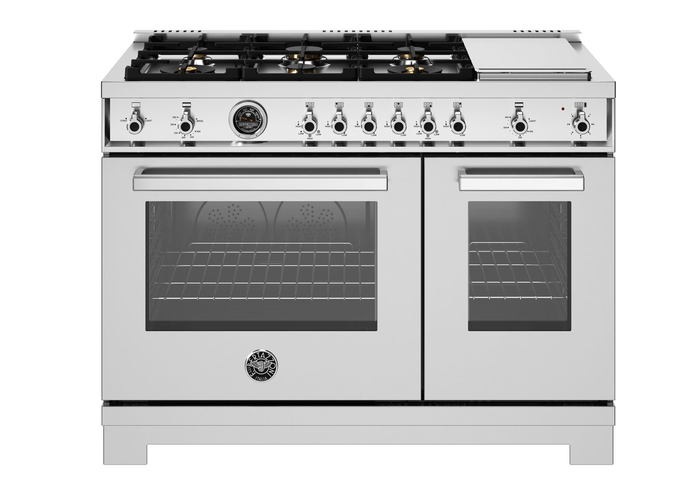 48 Inch Range  Double Oven All Gas Range. Six Brass Burners and 12 Inch Electric Griddle. Electric manual clean oven. Dual convection fan for balanced airflow and even temperature baking and roasting on 7 shelf levels. Large Oven: 4.7 cu. ft. Small Oven: 2.4 cu. ft. Cooking zones: Power burners 2 x 1300 BTU - 19000 BTU. Rapid burner 2500 BTU - 10400 BTU. Medium burner 2 x 1500 BTU - 5900 BTU. Simmer burner 750 BTU - 3500 BTU. Griddle power 1100 W