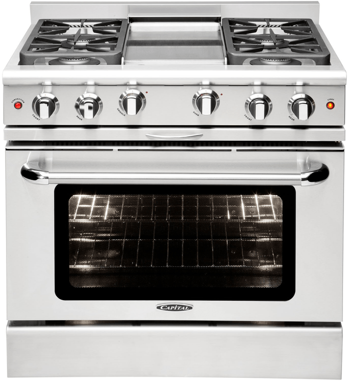 36 Inch Range  Large Capacity Induction Range. Five Induciton Zones. 5.9 cu. ft. Manual Clean Oven. European Dual Fan Convection. Elegant Temperature Gauge. 3700W maximum Power output. The intuitive power bridge zone is designed to automatically adjust to fit the size of your cookware. Two Induction 2 bridge zones. Induction front left: size 5 3/5 inch 1400W up to 2200W. Induction back left: size 8 1/4 inch 2300W up to 3700W. Induction center: size 8 1/4 inch 2300W up to 3700W. Induction front right Bridge 2100W - 3700W. Induction back right Bridge 2100W - 3700W.
