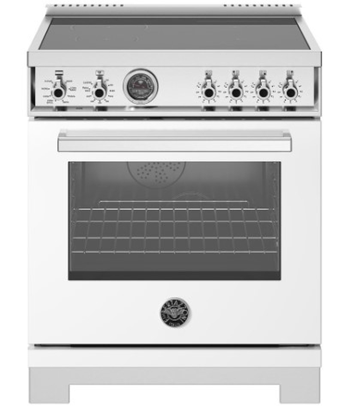 30 Inch Range  All-new Bertazzoni induction range. Self clean 4.7 Cu Ft dual fan conection oven. Four high-power heating zones with maximum power output of 3700W. The right-side heating zones can be bridged to create a larger cooking surface. Even baking and roasting on 7 shelf levels. Induction front left size 5 3/5 inch 1400W up to 2200W. Induction back left size 8 1/4 inch 2300W up to 3700W. Induction front right Bridge 2100 W - 3700 W. Induction back right Bridge 2100W - 3700W. Induction 2 bridge zones. The intuitive power bridge zone is designed to automatically adjust to fit the size of your cookware, from a small milk pan to a large skillet