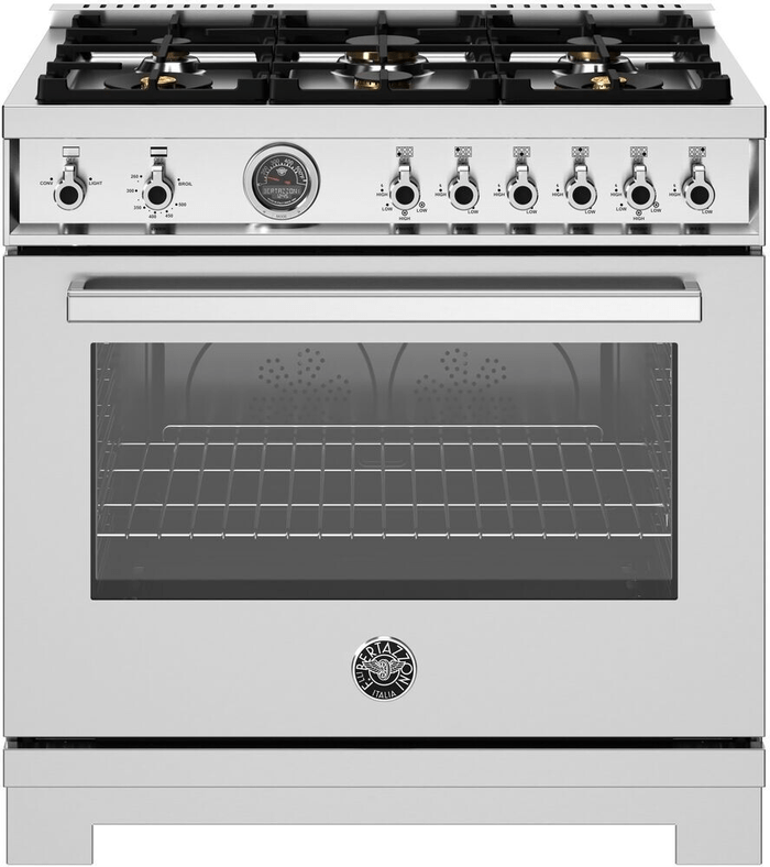 36 Inch Range  All Gas Range with Six brass burners and Cast Iron Electric Griddle. Manual Clean 5.9 Cu Ft Convection Oven. Two dual ring 19,000 BTU power-burners that boil water in under 6 minutes (best in class). Cooking zones: Power burners 2x 1300 BTU - 19000 BTU. Rapid burner 2500 BTU - 10400 BTU. Medium burner 2 x 1500 BTU - 5900 BTU. Simmer burner 750 BTU - 3500 BTU