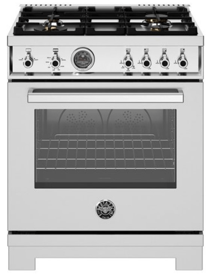 30 Inch Range  High-efficiency All Gas Range. Manual Clean 4.7 cu. ft. Capacity Convection Oven. Four 4 Mono-bloc brass burners with dual ring 19,000 BTU power-burner that boils water in under 6 minutes (best in class). Cooking zones: Power burner 1300 BTU - 19000 BTU. Rapid burner 2500 BTU - 10400 BTU. Medium burner 2 x 1500 BTU - 5900 BTU. Simmer burner 750 BTU - 3500 BTU