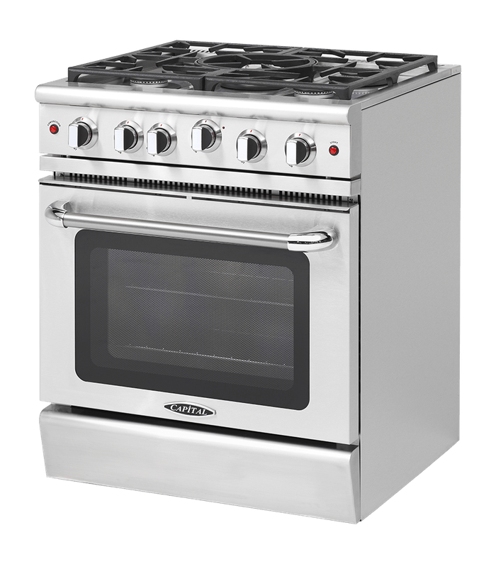 24 Inch Range  Apartment Size Gas Range. Manual Clean 2.5 cu. ft. European Convection Oven. Four aluminum burners with dual ring 19,000 BTU power-burner that boils water in under 6 minutes (best in class). Cooking zones: Power burners 1300 BTU - 19000 BTU. Rapid burner 2500 BTU - 10400 BTU. Medium burner 1500 BTU - 5900.