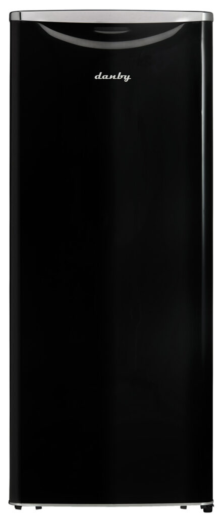 24 Inch Fridge Column  11.0 cu. ft. Contemporary Classic Apartment Size All Fridge. 60 Inch tall. Drawing inspiration from mid-century styling and simplicity, Danby’s patented contemporary classic refrigerators reimagine retro for the modern consumer. The contemporary classic all fridge features Danby’s exclusive retro-inspired curved door design, black metallic door and chassis finish, rubber-grip ergonomic chrome handle, stylized chrome worktop, and a signature all-black interior. Boasting 11 cubic feet (311 L) of storage and cooling space, this all-fridge model is ideal for condos, apartments, or townhouses. Cut down on clutter with three chrome-trimmed tempered glass shelves, five integrated door shelves, and tall bottle storage for maximum storage versatility. Reduce your electricity bill and save on energy with this ENERGY STAR rated model. Easily find your eggs, vegetables, or fruit with the bright interior lighting system. Store your groceries in the glass-covered vegetable crisper, and the mechanical thermostat is conveniently located for easy temperature control. Maintenance and cleaning are as simple as can be with the automatic defrost system. Lastly, this stylish appliance features a clever, reversible hinge that allows you to set it for right or left-handed opening