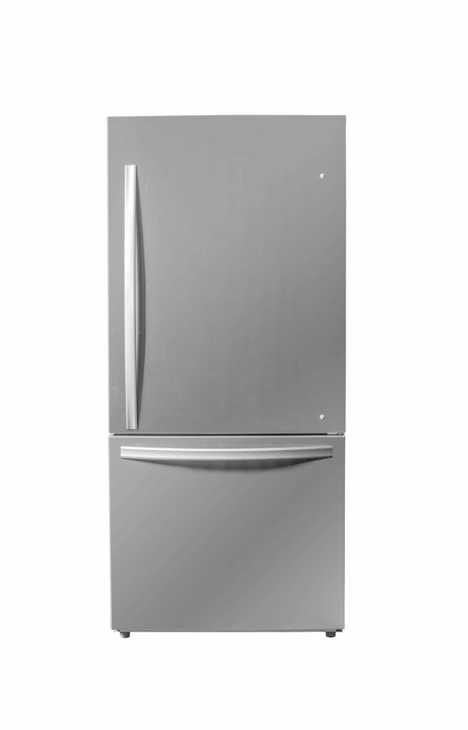 30 Inch Bottom Freezer Refrigerator  18.7 cu. ft. Apartment Fridge Bottom Mount. 67.5 Inch Hight. Discover the styling and simplicity of Danby’s 18.7 cubic feet (530 L) stainless-steel bottom mount refrigerator, perfect for a large family in an apartment, townhouse, or house! Reduce your electricity bill and save on energy with this ENERGY STAR rated model. The electronic thermostat is located front, and center and this model features frost-free fan-forced cooling, which ensures an even temperature throughout. Avoid clutter with two adjustable shelves and three-door shelves, offering maximum storage versatility. Extend the shelf life of your produce by storing it in the two crisper drawers. All your favorite frozen items can be stored with one convenient wire shelf and two-door shelves, keeping your freezer accessible and organized. Easily find your eggs, vegetables, or fruit with the bright LED interior lighting system. The door ajar alarm prevents spoiling of foods in the event the door has not closed correctly. Lastly, this stylish appliance features a clever, reversible hinge that allows you to set it for right or left-handed opening