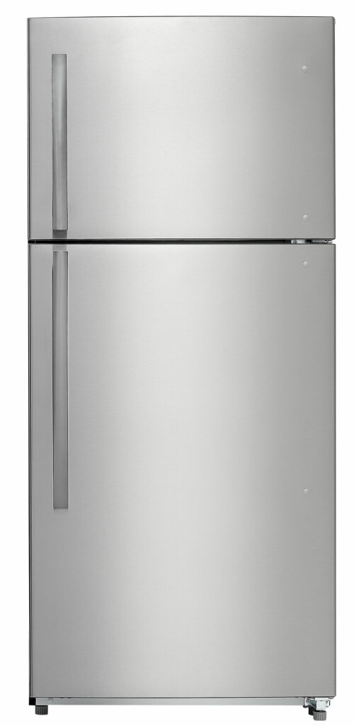 30 Inch Top Freezer Refrigerator  18.1 cu. ft. Apartment Size Fridge Top Mount. 67 Inch High. Discover the styling and simplicity of Danby’s 18.1 cubic feet (513 L) apartment-sized refrigerator, perfect for a condo, apartment, townhouse, or office! Fan forced cooling keeps an even temperature throughout. The frost-free design keeps frost build-up at bay and is easy to maintain, particularly important for a freezer. Behind the clean, modern stainless-steel façade is a fridge brimming with convenience. A bright white LED light illuminates the interior, and the thermostat is easily accessible. Two see-through crispers with independent humidity control store fruits and veggies separately. The glass shelves can be adjusted to meet your needs, and the door bins keep frequently used items at your fingertips. Finally, the door can be customized to your needs with a left or right-hand swing