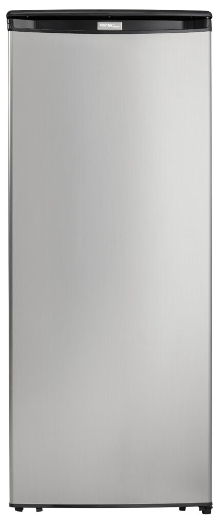 24 Inch All Freezer  Garage ready 8.5 cu. ft. Upright Freezer. 60 inch tall. This modern upright freezer by Danby is ideal for any type of household. The upright freezer design allows it to easily integrate into any setting and the generous 8.5 cubic feet (241 litres) of storage space is ideal for smaller families and couples. There’s plenty of cooling area due to the four handy door shelves and three additional quick-freeze shelving units. The convenient manual-defrosting function makes it easy to maintain and stay ice-free and it also features an internal drip tray. The ultra-modern mechanical thermostat is a breeze to program and monitor while the scratch-resistant worktop is ideal for storing extra accessories and best of all it is Energy Star compliant. This ultimate freezer also features a reversible door hinge which allows you to adjust for either left or right-handed opening and offers a 5-year warranty on parts and labour with in-home service