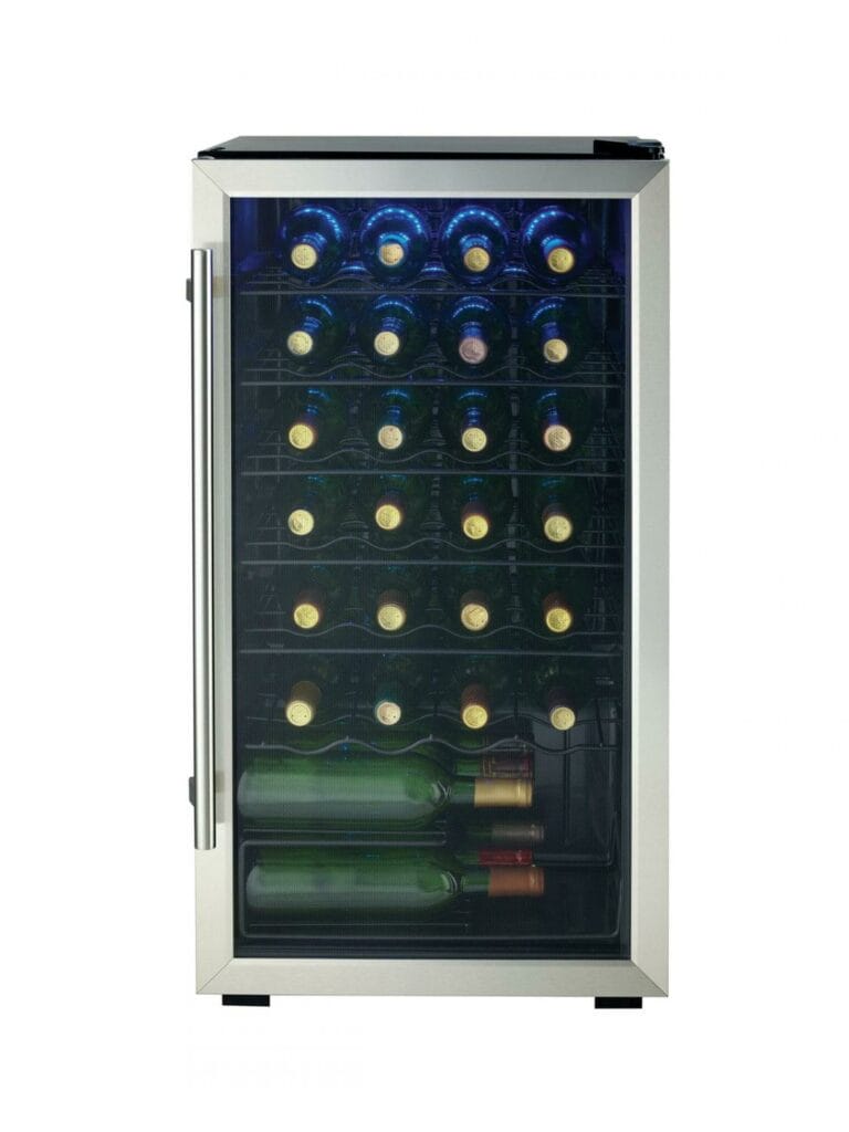 18 Inch Wine Refrigerator  Keep up to 30 bottles of chilled wine on hand Suitable for red or white wines, set temperature between 43°F – 57°F (6°C – 14°C) Showcase lighting illuminates the cabinet with energy-efficient blue LEDs Recessed pocket style handle Durable black wire shelves with trim The tempered glass door helps to protect the wine from harmful UV rays Reversible door hinge that enables you to adjust it for left or right-handed opening 12-month warranty on parts and labor with in-home service