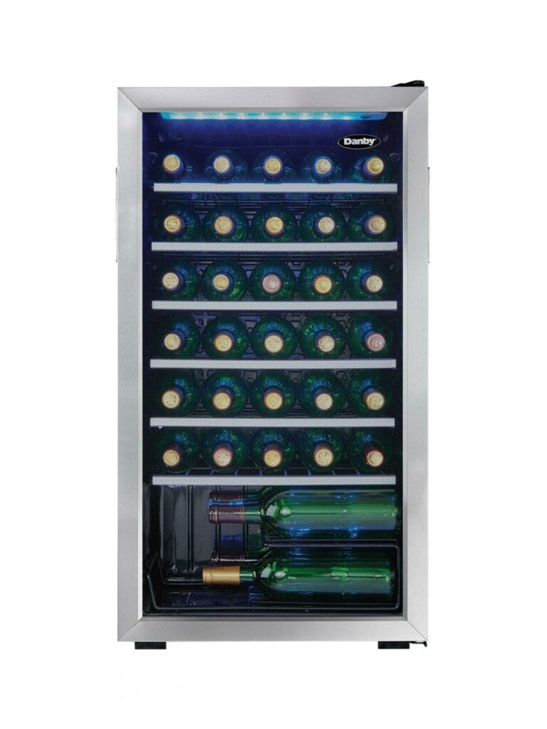 20 Inch Wine Refrigerator  Keep up to 36 bottles of chilled wine on hand Suitable for red or white wines, set temperature between 43°F – 57°F (6°C – 14°C) Showcase lighting illuminates the cabinet with energy-efficient blue LEDs Recessed pocket style handle Durable black wire shelves with trim The tempered glass door helps to protect the wine from harmful UV rays Reversible door hinge that enables you to adjust it for left or right-handed opening 12-month warranty on parts and labor with in-home service