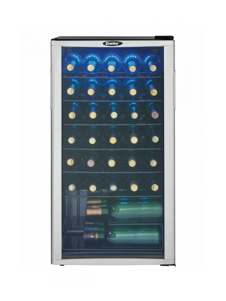 18 Inch Wine Refrigerator  Keep up to 36 bottles of chilled wine on hand Suitable for red or white wines set temperature between 43°F – 57°F (6°C-14°C) Showcase lighting illuminates the cabinet with energy efficient blue LEDs Platinum door trim with recessed handles Durable black wire shelves The tempered glass door protects the wine from harmful UV rays Convenient reversible door swing for left or right hand opening 12-month warranty on parts and labor with in-home service
