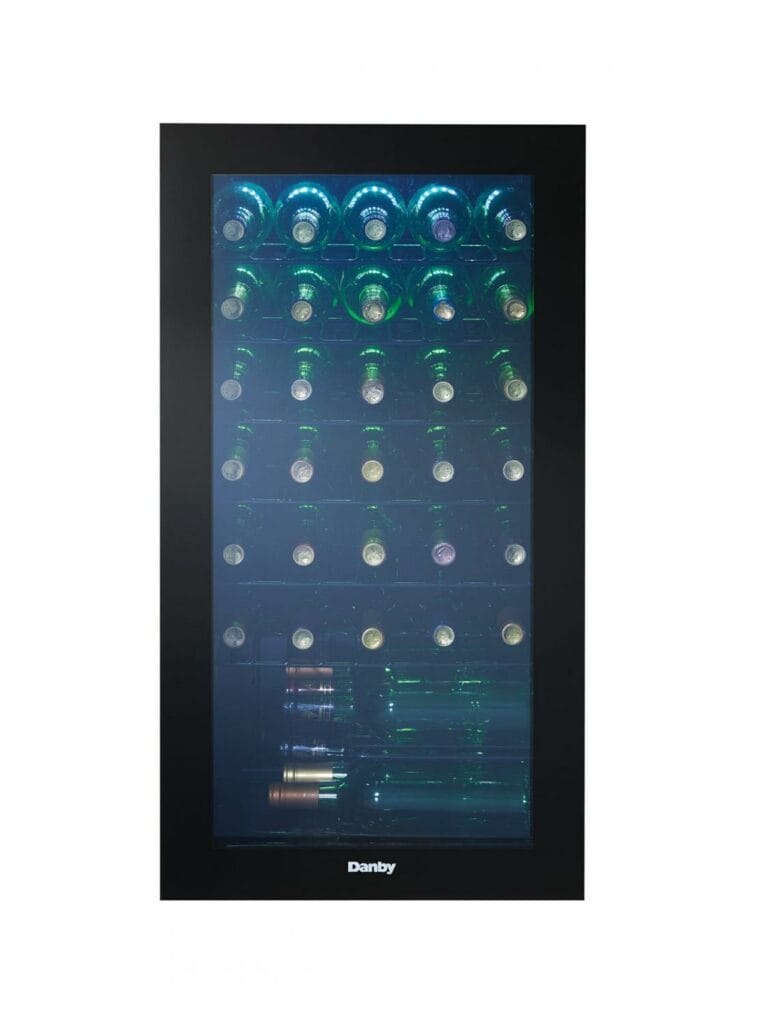 18 Inch Wine Refrigerator  Keep up to 36 bottles of chilled wine on hand Suitable for red or white wines set temperature between 43°F – 57°F (6°C-14°C) Showcase lighting illuminates the cabinet with energy efficient blue LEDs Platinum door trim with recessed handles Durable black wire shelves The tempered glass door protects the wine from harmful UV rays Convenient reversible door swing for left or right hand opening 12-month warranty on parts and labor with in-home service