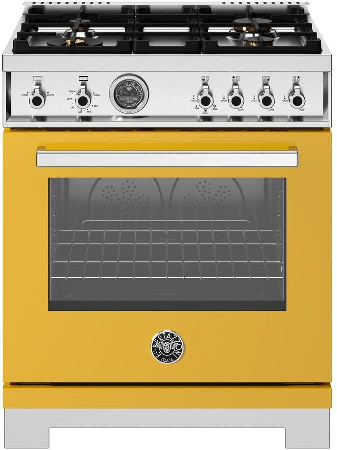 30 Inch Range  High-efficiency All Gas Range. Manual Clean 4.7 cu. ft. Capacity Convection Oven. Four 4 Mono-bloc brass burners with dual ring 19,000 BTU power-burner that boils water in under 6 minutes (best in class). Cooking zones: Power burner 1300 BTU - 19000 BTU. Rapid burner 2500 BTU - 10400 BTU. Medium burner 2 x 1500 BTU - 5900 BTU. Simmer burner 750 BTU - 3500 BTU