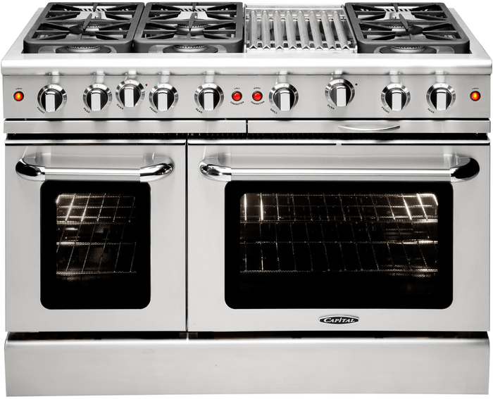 48 Inch Range  Double Oven All Gas Range. Six Aluminum Burners and 12 Inch Electric Griddle. Electric manual clean oven. Dual convection fan for balanced airflow and even temperature baking and roasting on 7 shelf levels. Large Oven: 4.7 cu. ft. Small Oven: 2.4 cu. ft. Cooking zones: Power burners 2 x 1300 BTU - 19000 BTU. Rapid burner 2500 BTU - 10400 BTU. Medium burner 2 x 1500 BTU - 5900 BTU. Simmer burner 750 BTU - 3500 BTU. Griddle power 1100 W
