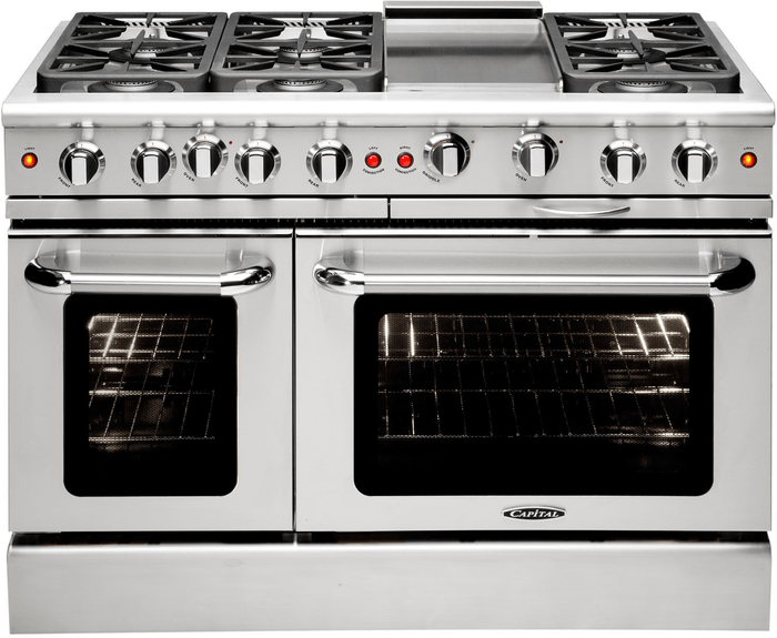 48 Inch Range  Double Oven All Gas Range. Six Aluminum Burners and 12 Inch Electric Griddle. Electric manual clean oven. Dual convection fan for balanced airflow and even temperature baking and roasting on 7 shelf levels. Large Oven: 4.7 cu. ft. Small Oven: 2.4 cu. ft. Cooking zones: Power burners 2 x 1300 BTU - 19000 BTU. Rapid burner 2500 BTU - 10400 BTU. Medium burner 2 x 1500 BTU - 5900 BTU. Simmer burner 750 BTU - 3500 BTU. Griddle power 1100 W