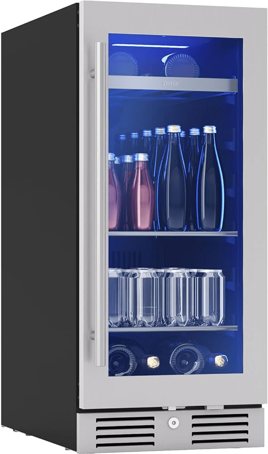 15 Inch Beverage Cooler  Single Zone Beverage Cooler · Features
Capacity: 4 bottles, 64 12oz cans
Temperature Range: 34 degrees – 50 degrees fahrenheit
ENERGY STAR Certified
Concealed, Zero-Clearance Door Hinges
Door Lock
Door Open Alarm
Dual-Pane, Low-e Argon-Filled Glass
304-Grade Stainless Steel
3-Color Electronic Touch Controls
3-Color LED Light Strips in Cloud White, Deep Blue, and Amber
Four Light Levels
Full-Extension, Black Wood Rack with Stainless Steel Trim (1)
Adjustable Glass Shelves with Airflow Openings (2)
Carbon Filter Air Filtration
Sabbath Mode
PreciseTemp
Vibration Dampening System
Active Cooling Technology