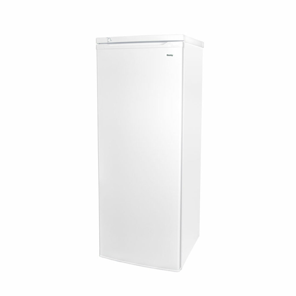 24 Inch All Freezer  Garage ready 6.0 cu. ft. Upright Freezer. 60 inch tall. This modern upright freezer by Danby is ideal for any type of household. The upright freezer design allows it to easily integrate into any setting and the generous 8.5 cubic feet (241 litres) of storage space is ideal for smaller families and couples. There’s plenty of cooling area due to the four handy door shelves and three additional quick-freeze shelving units. The convenient manual-defrosting function makes it easy to maintain and stay ice-free and it also features an internal drip tray. The ultra-modern mechanical thermostat is a breeze to program and monitor while the scratch-resistant worktop is ideal for storing extra accessories and best of all it is Energy Star compliant. This ultimate freezer also features a reversible door hinge which allows you to adjust for either left or right-handed opening and offers a 5-year warranty on parts and labour with in-home service